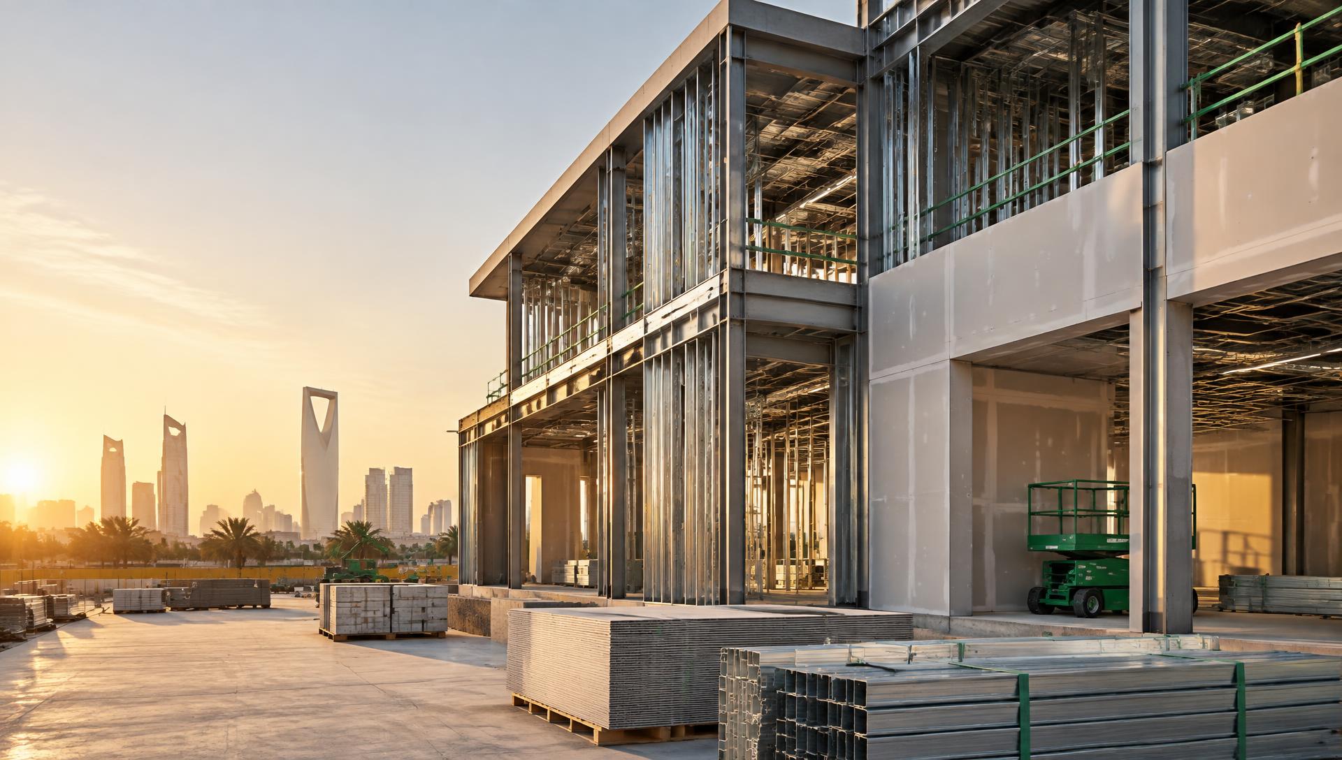 Steel framing and building materials at a Riyadh construction project